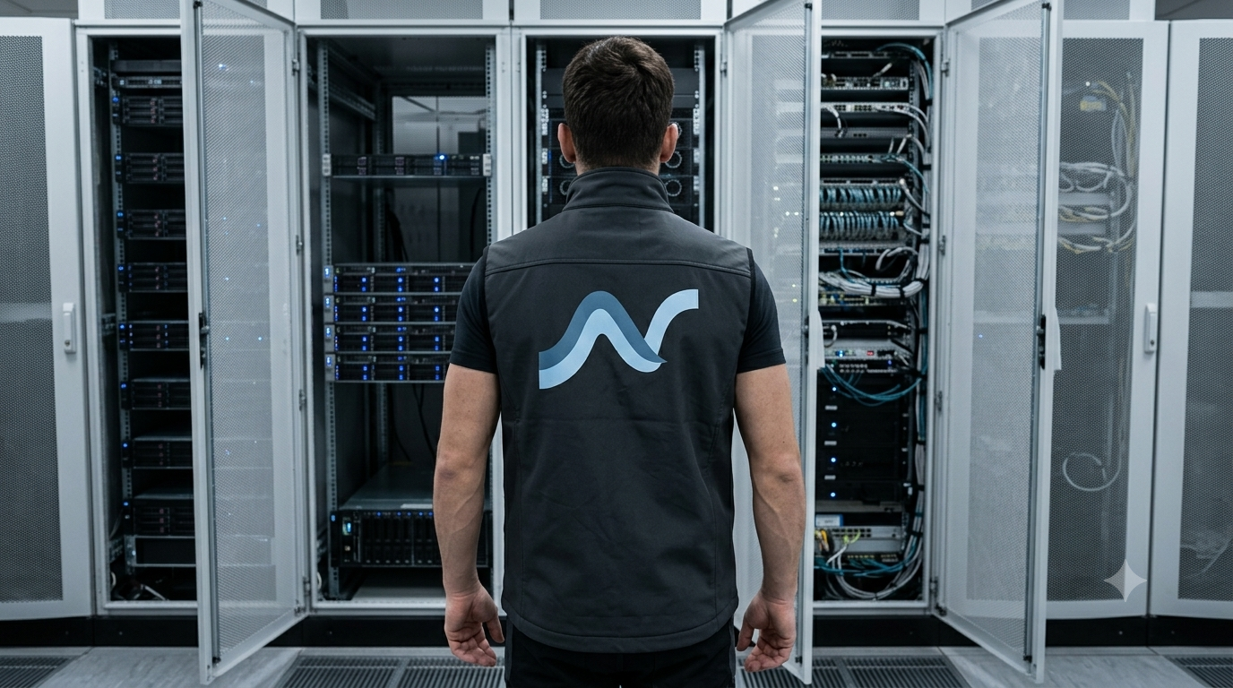 Luigi Agostino, titolare NOSHUT, davanti a un muro di rack in un datacenter