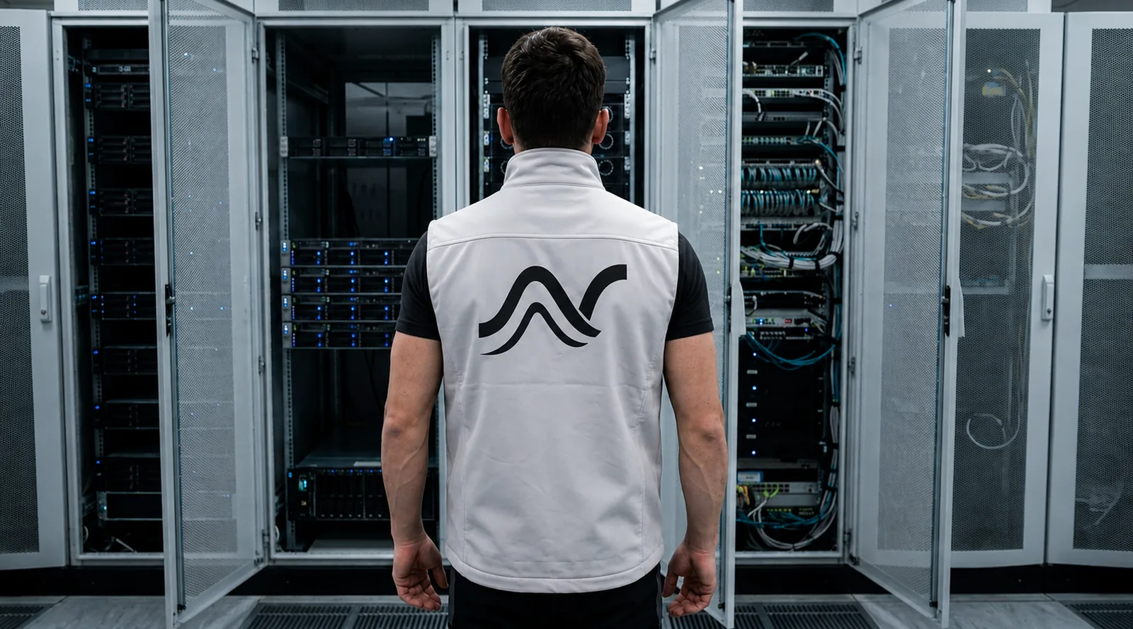 Luigi Agostino, titolare NOSHUT, davanti a un muro di rack in un datacenter